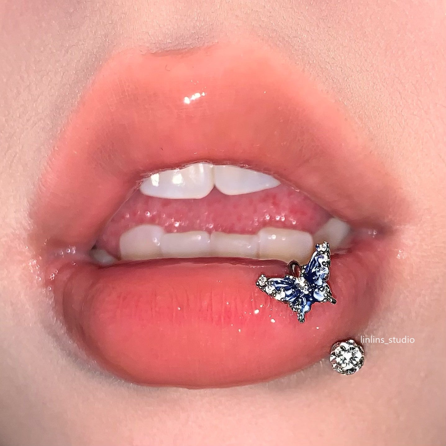 🌟 Sweet Blue Gradient Butterfly Lip Ring & Titanium Steel Horse-shoe/C-Ring Set ✨