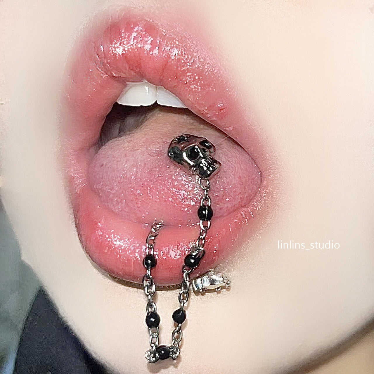 🌟 Angel & Demon Skull Chain Tongue Ring | Titanium Steel Retro Gothic Piercing ✨