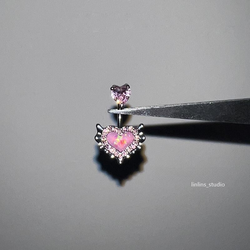 🌟 Mermaid Opal Color-Shifting Heart Navel Ring + Sparkling Zircon Titanium Steel Belly Ring ✨