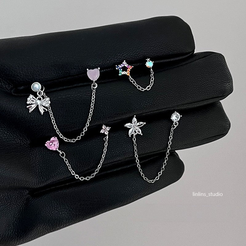 🌟 Elegant Double-Piercing Chain Earrings with Hearts, Bows & Stars ✨