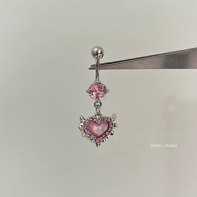 🌟 Mermaid Opal Color-Shifting Heart Navel Ring + Sparkling Zircon Titanium Steel Belly Ring ✨