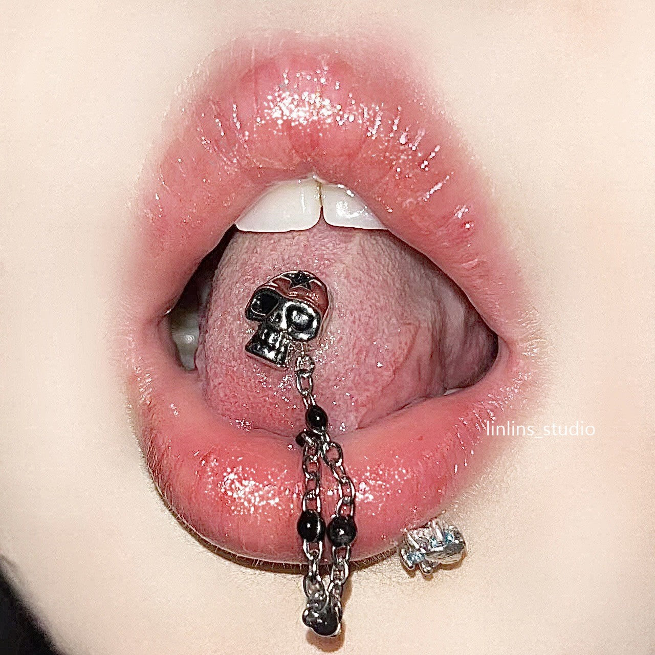🌟 Angel & Demon Skull Chain Tongue Ring | Titanium Steel Retro Gothic Piercing ✨