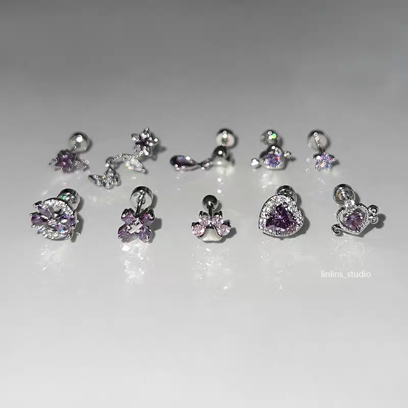 🌟 Violet Sparkle Cartilage Studs: Hearts, Stars & Crosses ✨