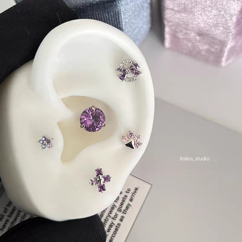 🌟 Violet Sparkle Cartilage Studs: Hearts, Stars & Crosses ✨