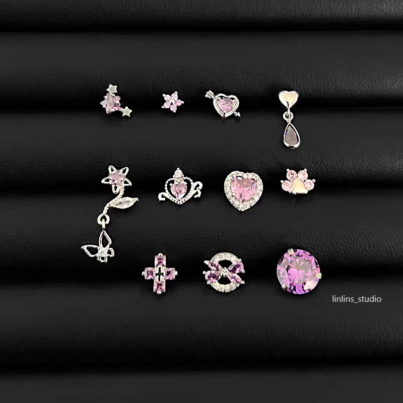 🌟 Violet Sparkle Cartilage Studs: Hearts, Stars & Crosses ✨