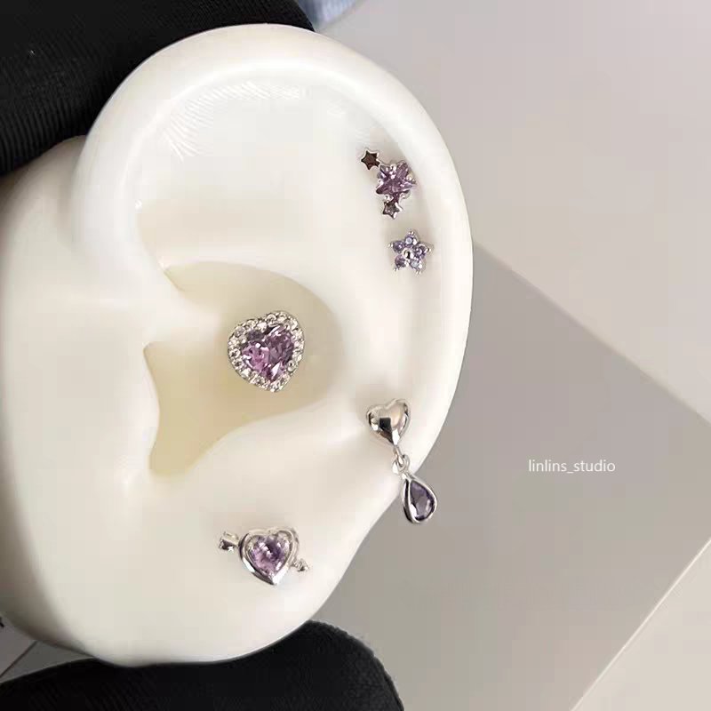 🌟 Violet Sparkle Cartilage Studs: Hearts, Stars & Crosses ✨