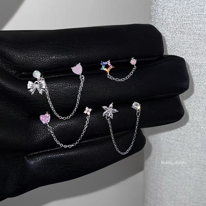 🌟 Elegant Double-Piercing Chain Earrings with Hearts, Bows & Stars ✨