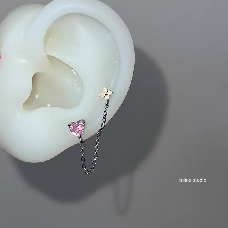 🌟 Elegant Double-Piercing Chain Earrings with Hearts, Bows & Stars ✨