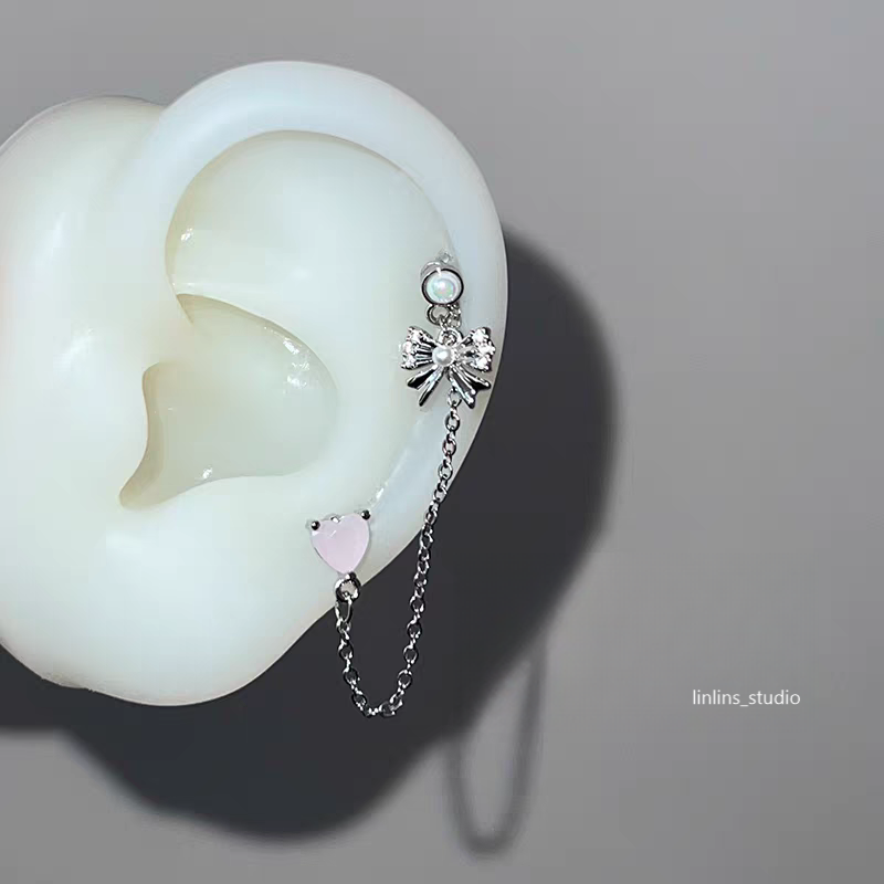 🌟 Elegant Double-Piercing Chain Earrings with Hearts, Bows & Stars ✨