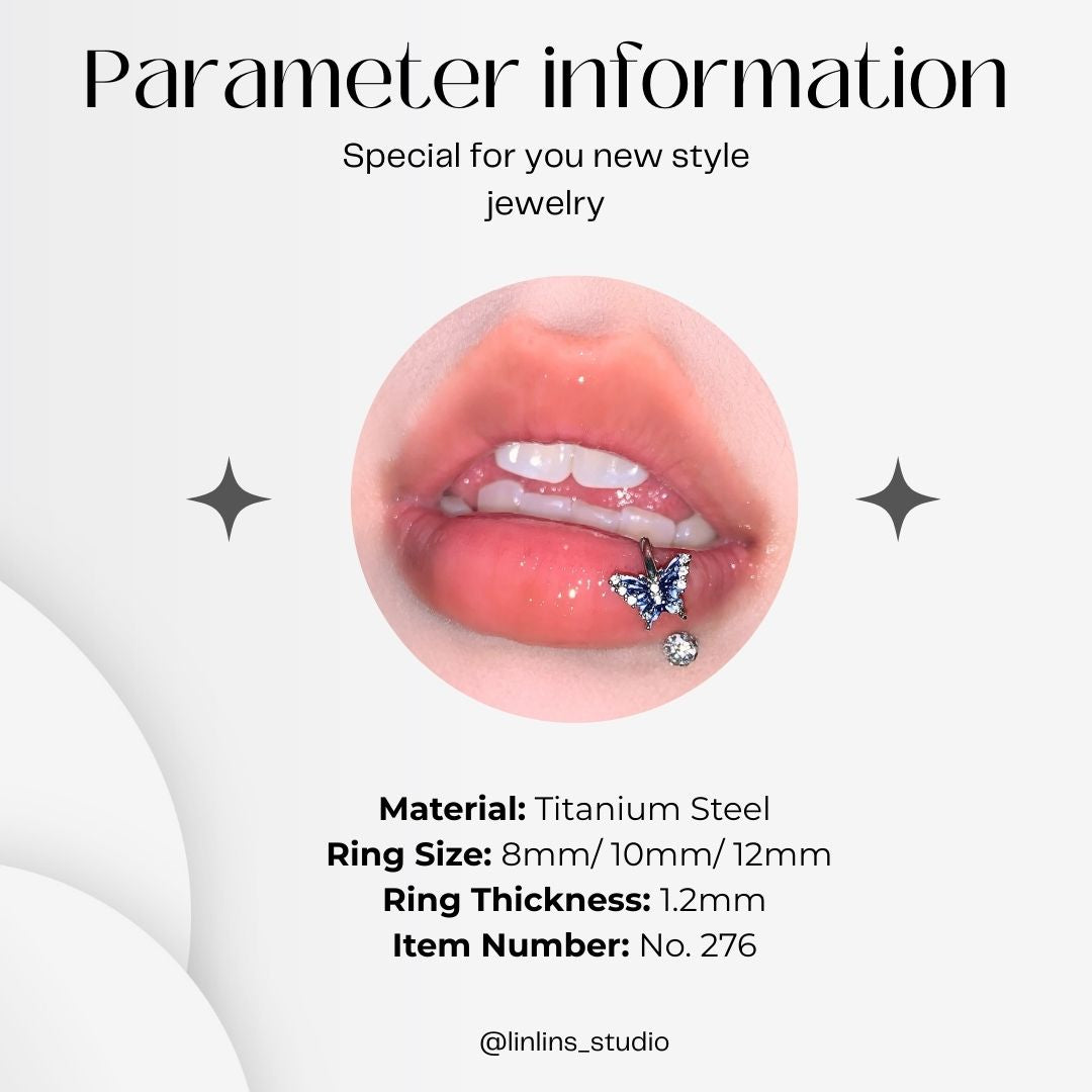🌟 Sweet Blue Gradient Butterfly Lip Ring & Titanium Steel Horse-shoe/C-Ring Set ✨