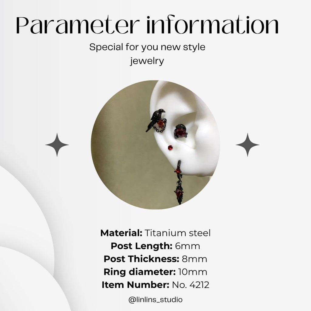 🌟 Gothic Raven Feather Ear Cuff | Black Titanium Steel with Red Zirconia ✨