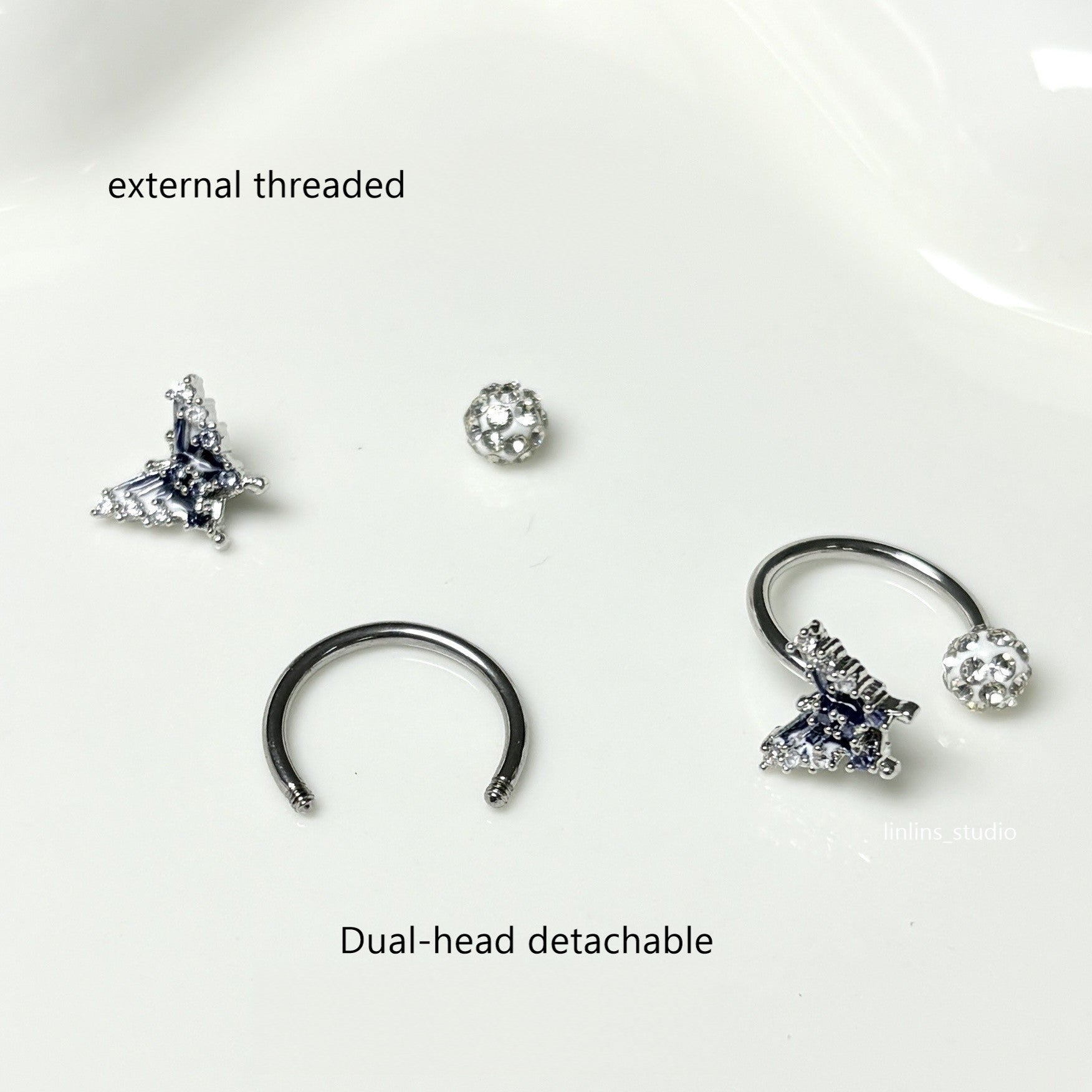 🌟 Sweet Blue Gradient Butterfly Lip Ring & Titanium Steel Horse-shoe/C-Ring Set ✨